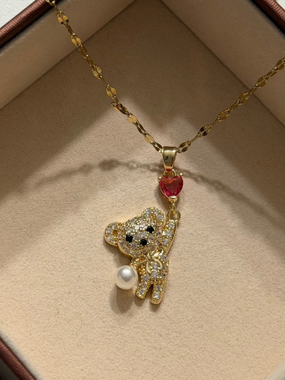 Red Zirconia Love Heart Balloon Golden Bear Faux Pearl Stainless Steel Necklace